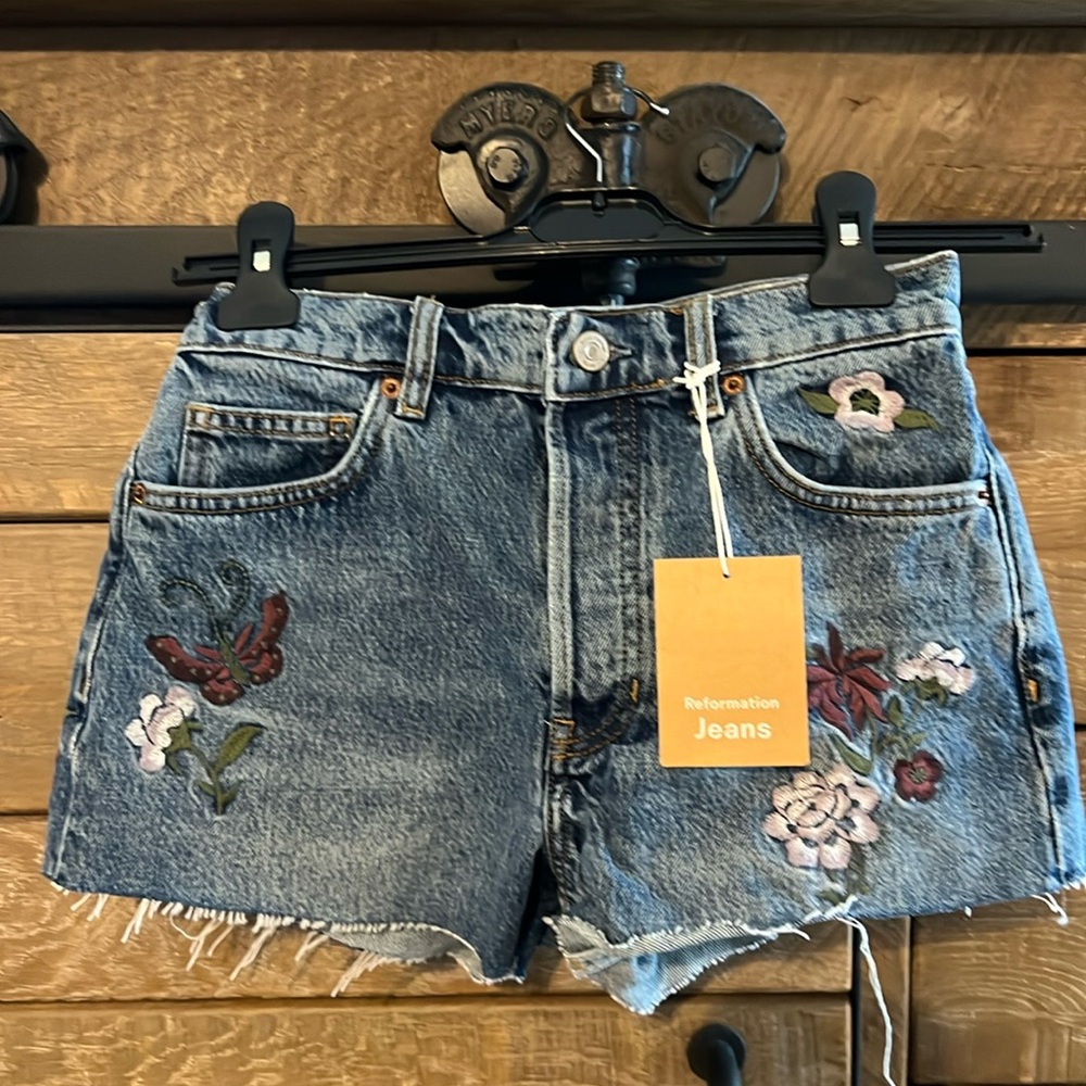 Reformation Light Blue Embroidered Denim Shorts
